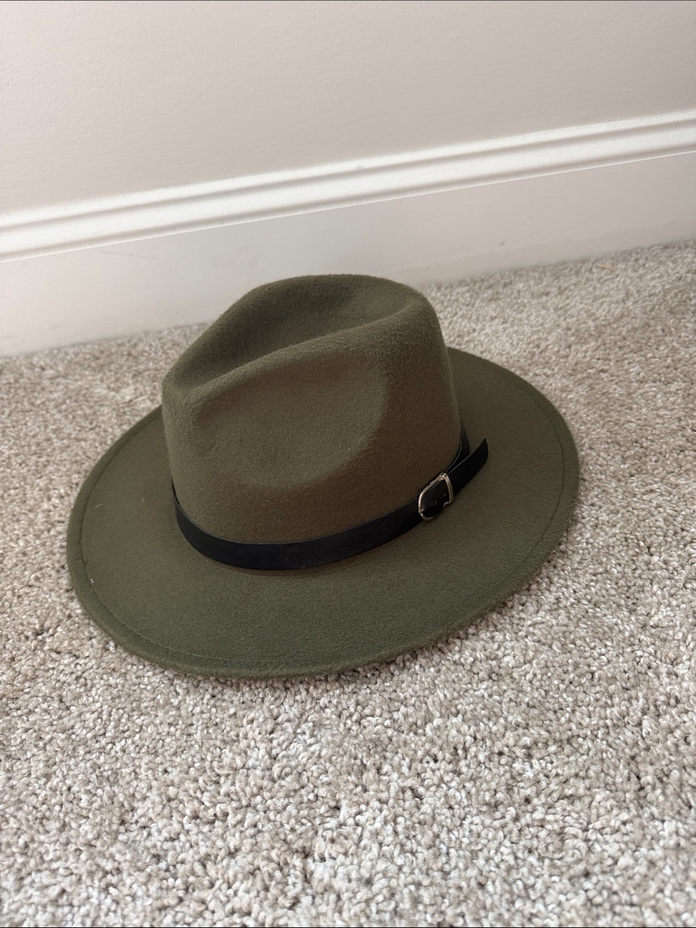 Olive Green Wide-Brim Fedora Hat with Black Band